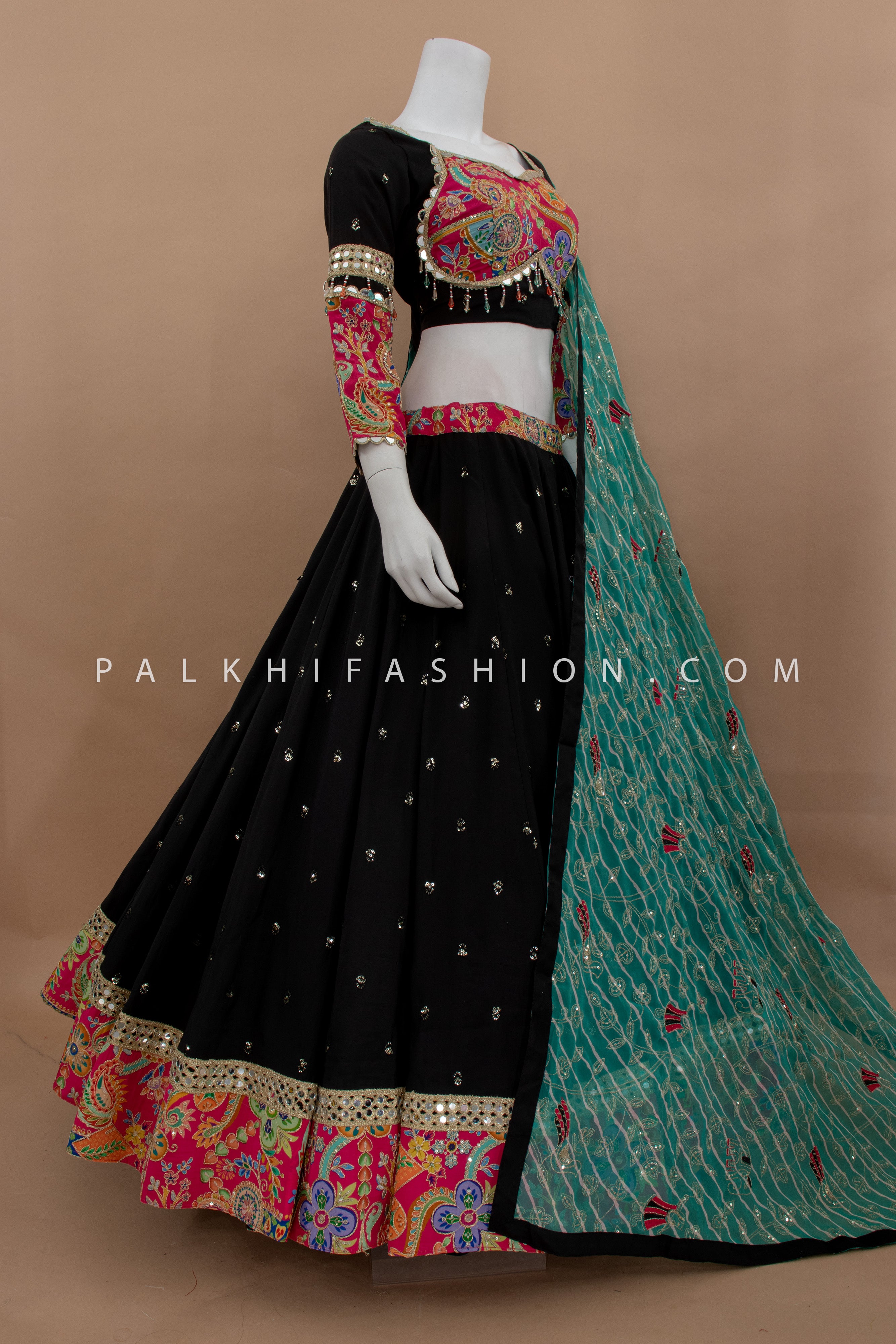 ✨ Midnight Reverie: Black Mirror-Work Chaniya Choli with Sea-Green Dupatta – Palkhi Fashion