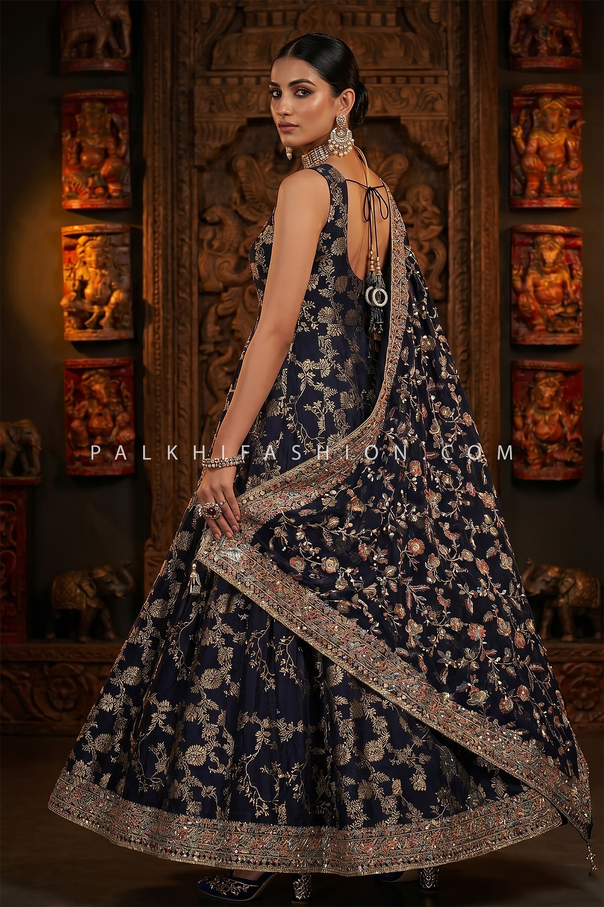Midnight Royal Bloom - Navy Blue Brocade Silk Anarkali Set with Heavy Embroidered Dupatta | Palkhi Fashion