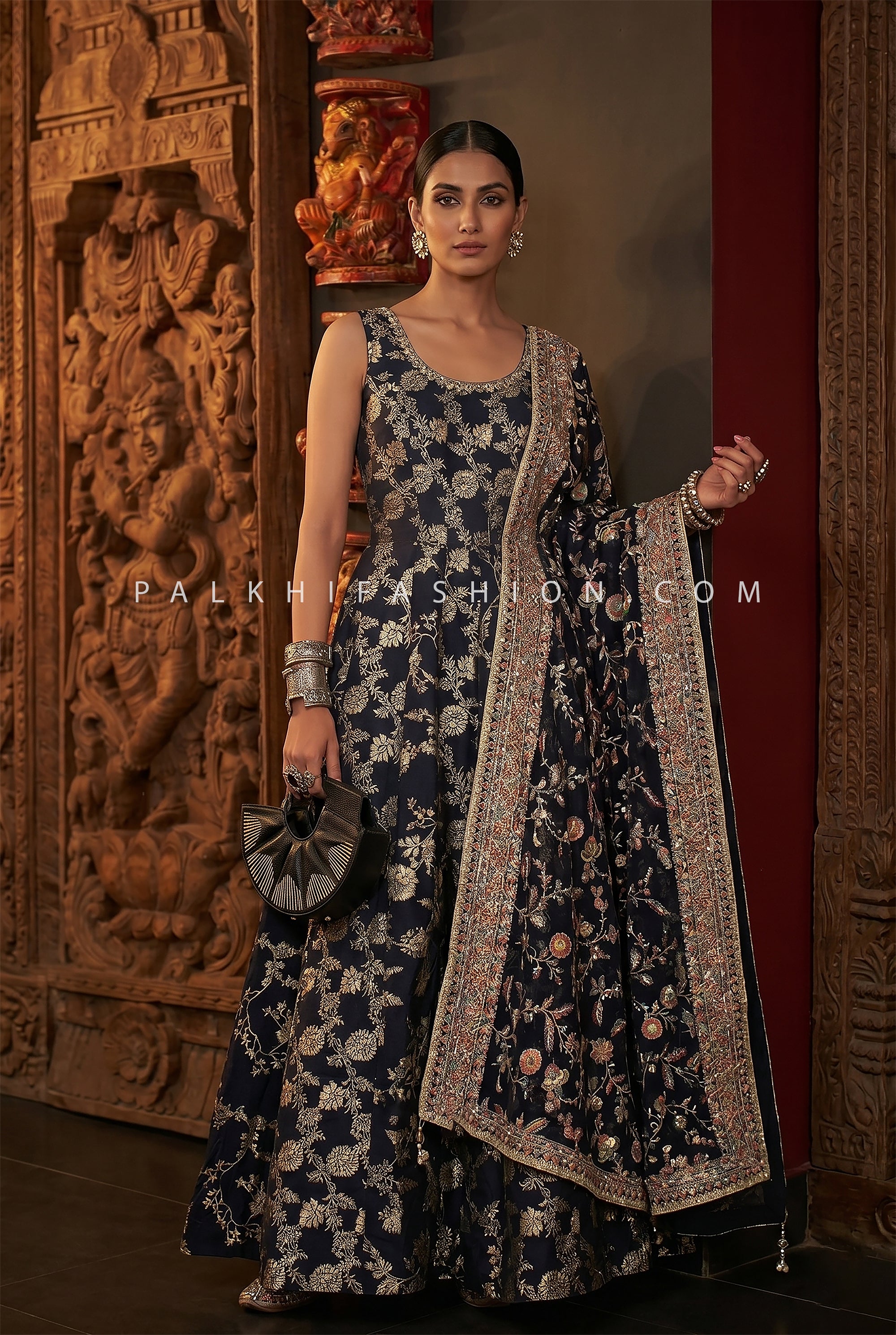 Midnight Royal Bloom - Navy Blue Brocade Silk Anarkali Set with Heavy Embroidered Dupatta | Palkhi Fashion