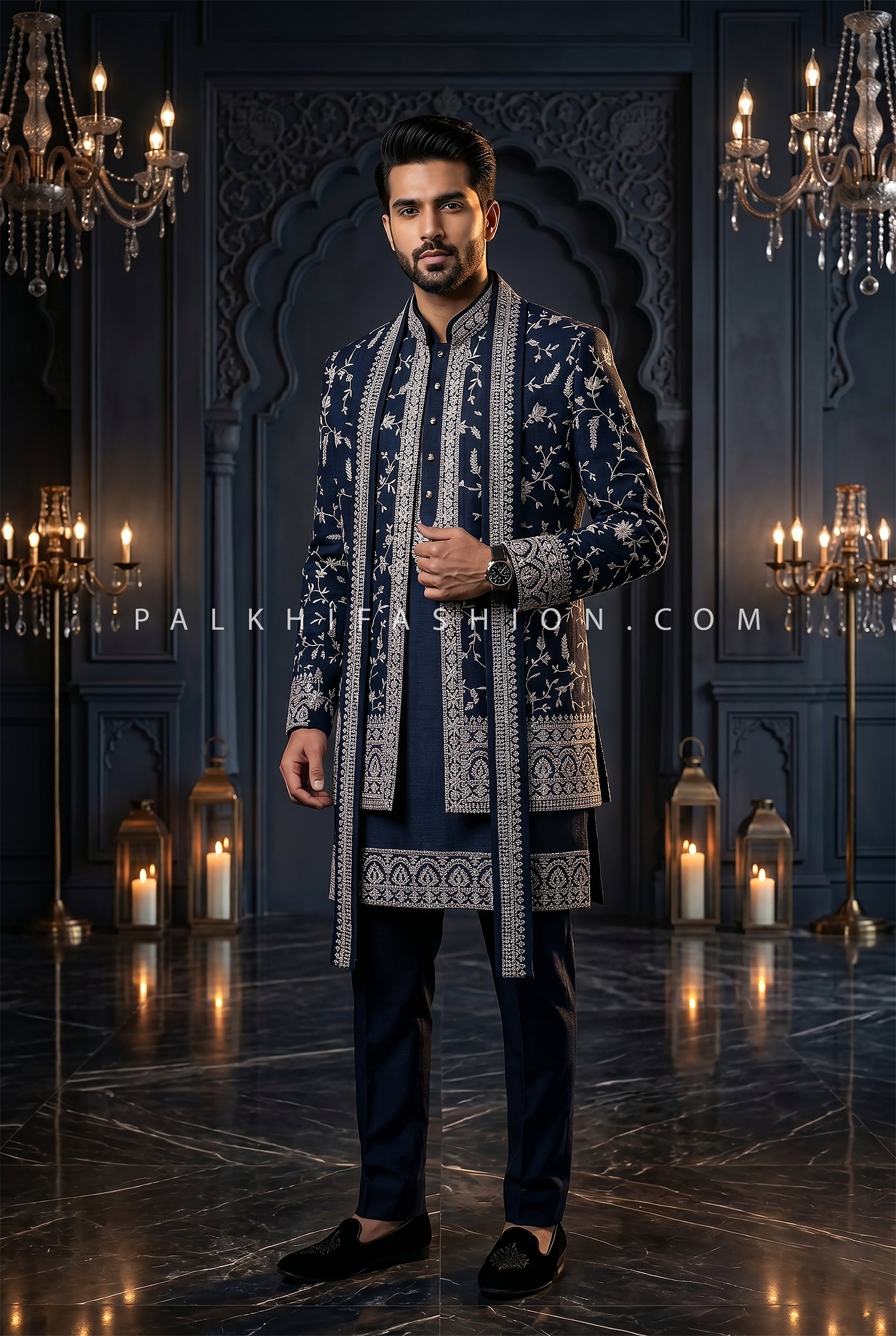 Midnight Sovereign Aura - Embroidered Navy Blue Designer Indo Western Set for Men | Palkhi Fashion