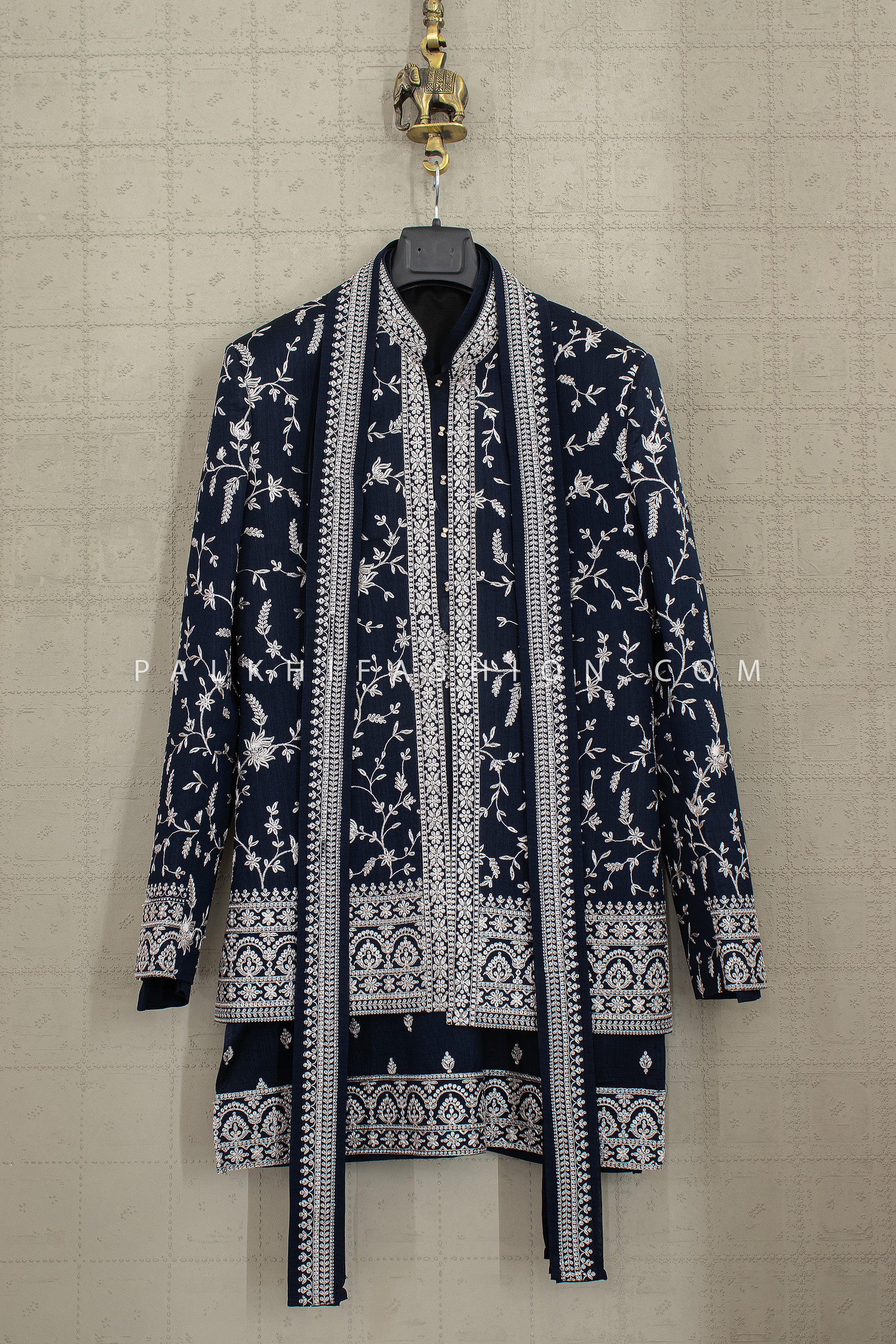 Midnight Sovereign Aura - Embroidered Navy Blue Designer Indo Western Set for Men | Palkhi Fashion