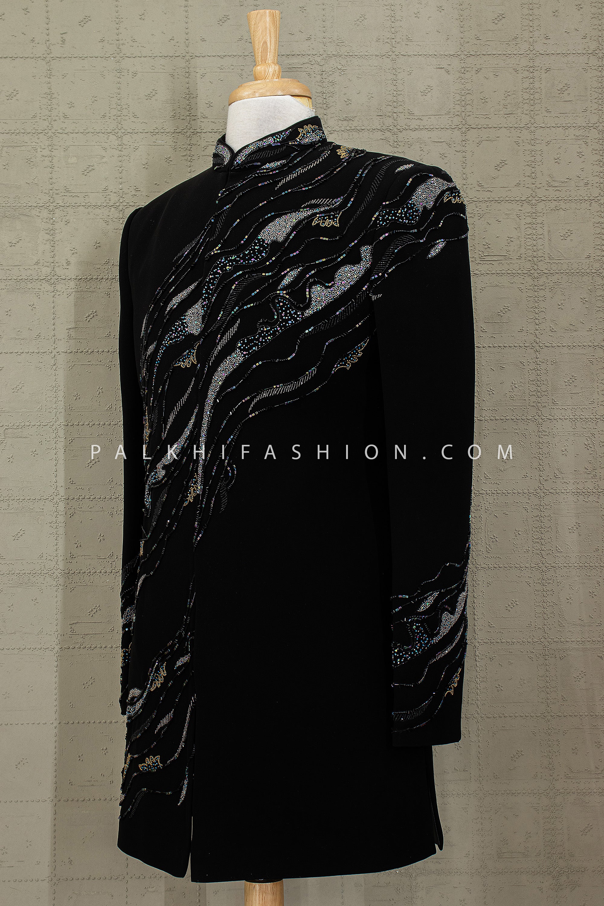 Midnight Velocity - Designer Jet Black Silk Indo Western set for Men | Palkhi Fashion