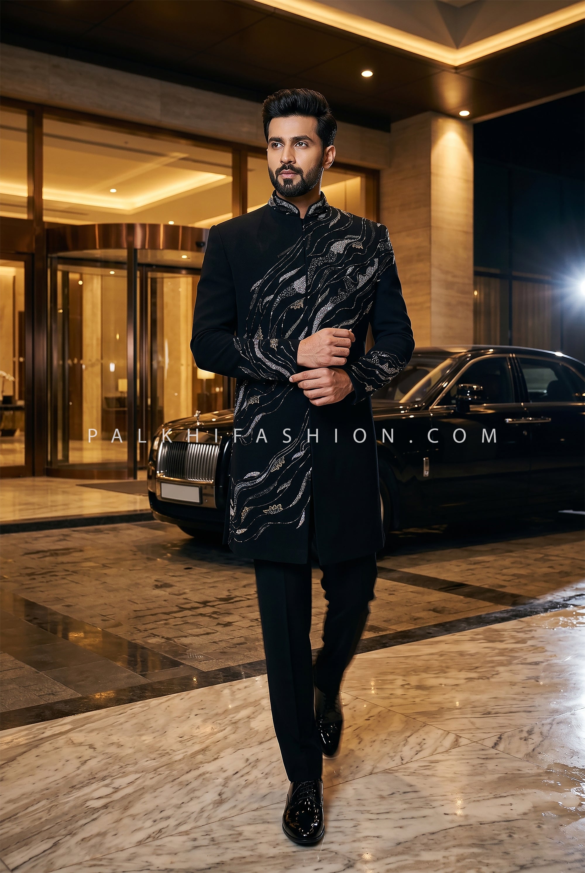 Midnight Velocity - Designer Jet Black Silk Indo Western set for Men | Palkhi Fashion