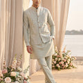 Pastel Serenity | Elegant Pastel Green Men's Jacket Kurta Set with Floral Embroidery | Palkhi Fashion
