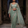 Ethereal Radiance | Designer Mint Green Party Wear Saree with Bell Sleeves | Palkhi Fashion