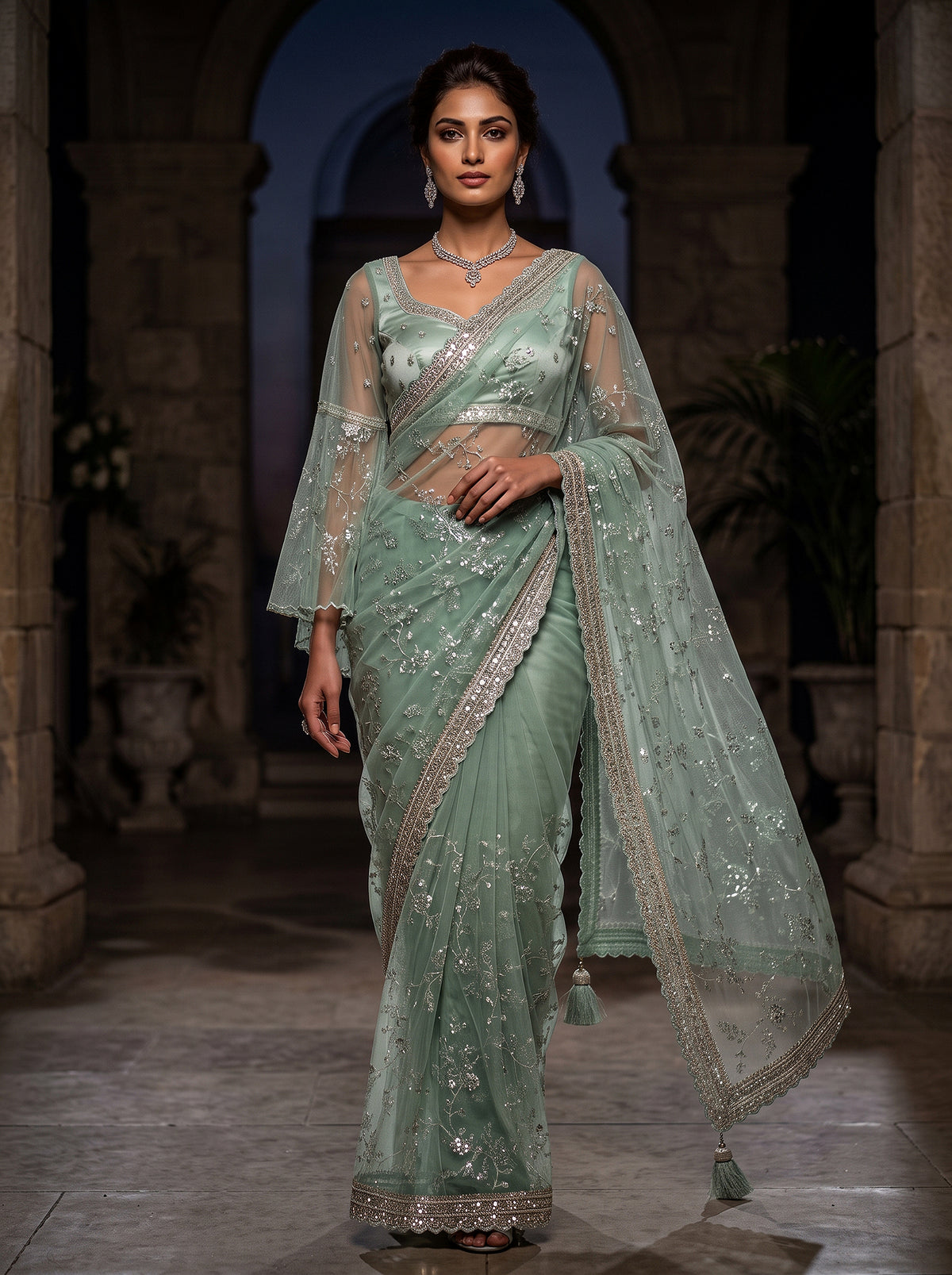 Ethereal Radiance | Designer Mint Green Party Wear Saree with Bell Sleeves | Palkhi Fashion