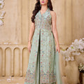 Mint Radiance | Mint Green Silk Blend Front Slit Kurta Palazzo Set with Cutdana & Embroidery Work | Palkhi Fashion