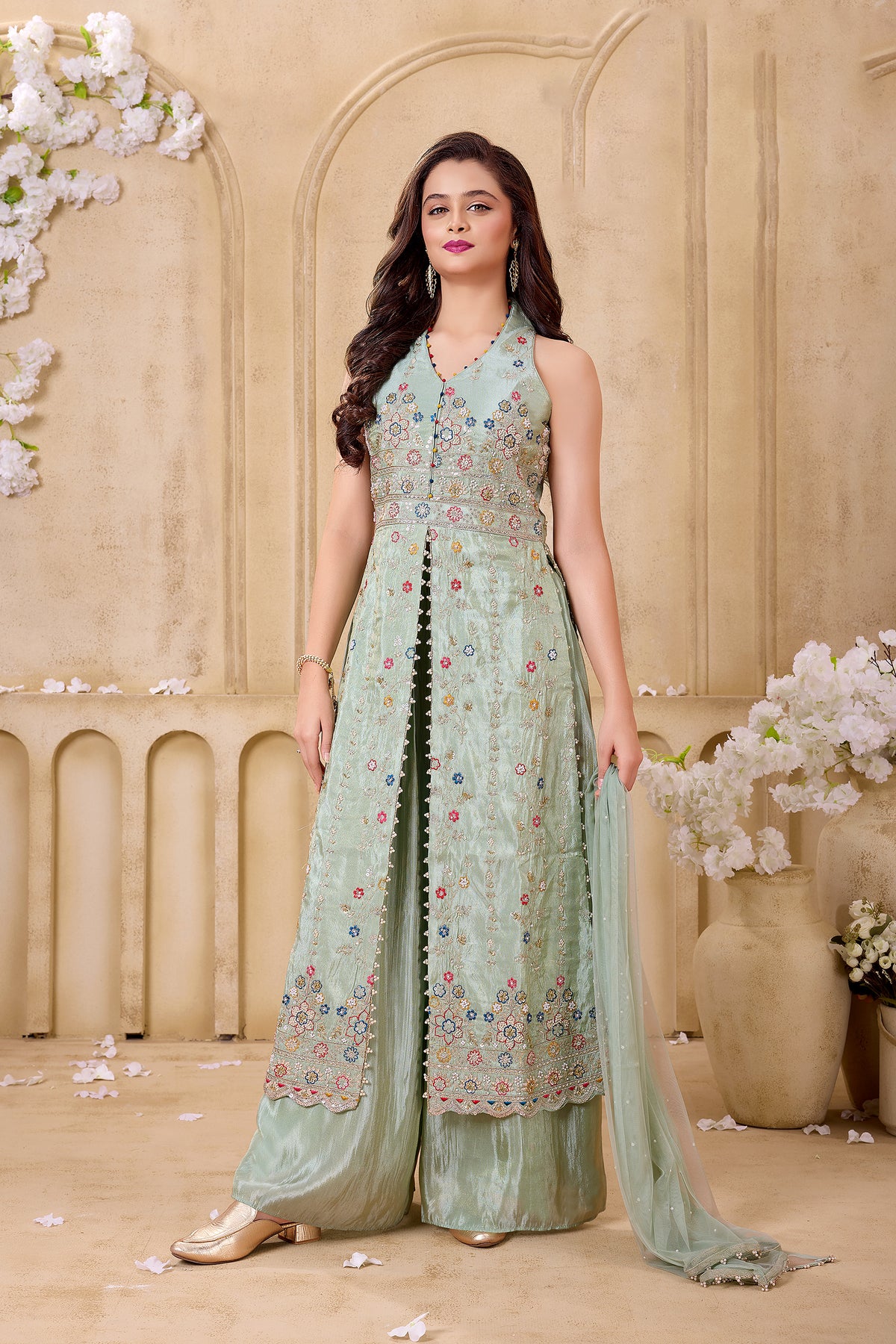 Mint Radiance | Mint Green Silk Blend Front Slit Kurta Palazzo Set with Cutdana & Embroidery Work | Palkhi Fashion