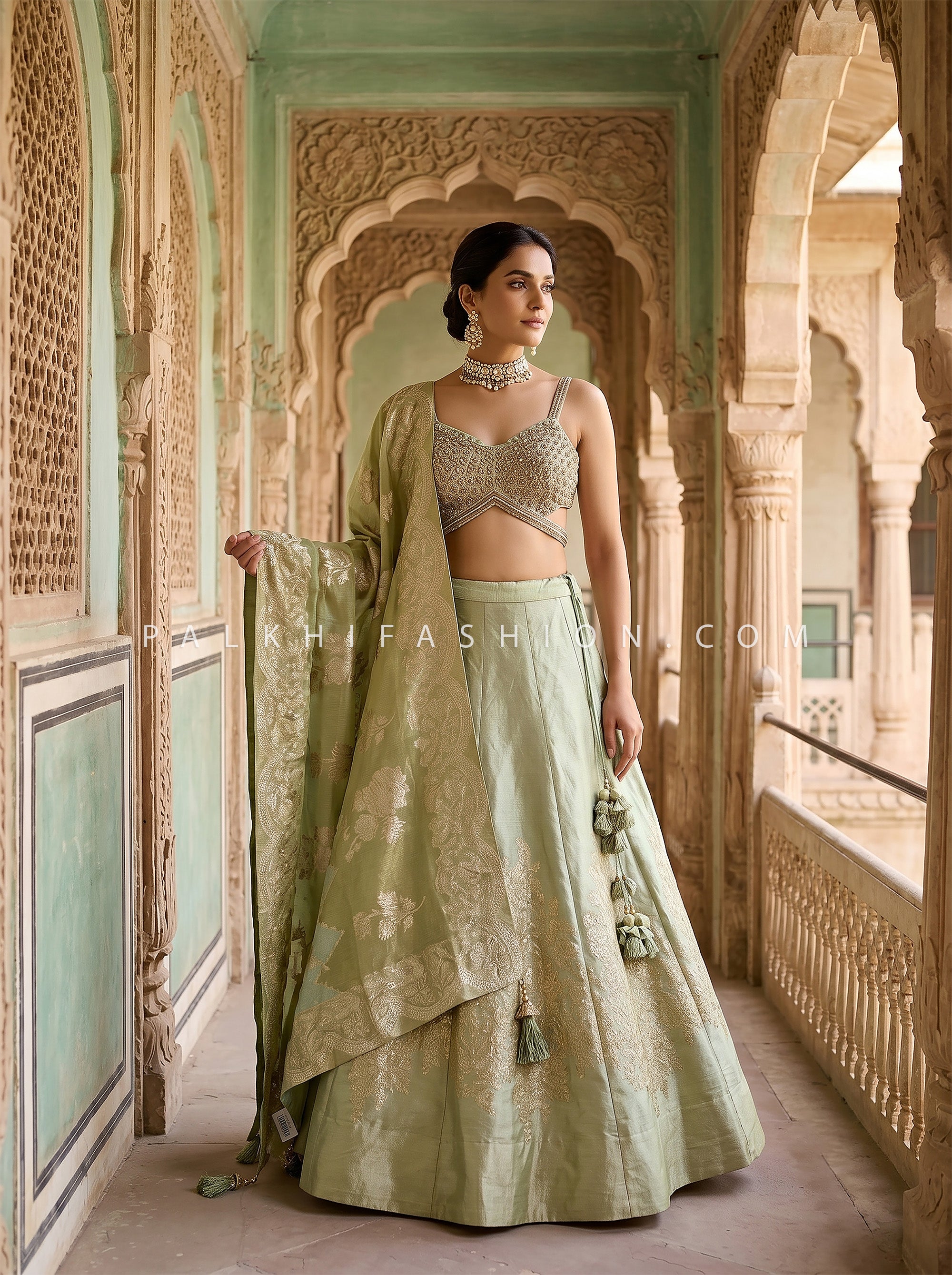 Sage Royal Elegance – Pure Silk Lehenga with Handworked Designer Blouse | Palkhi Fashion