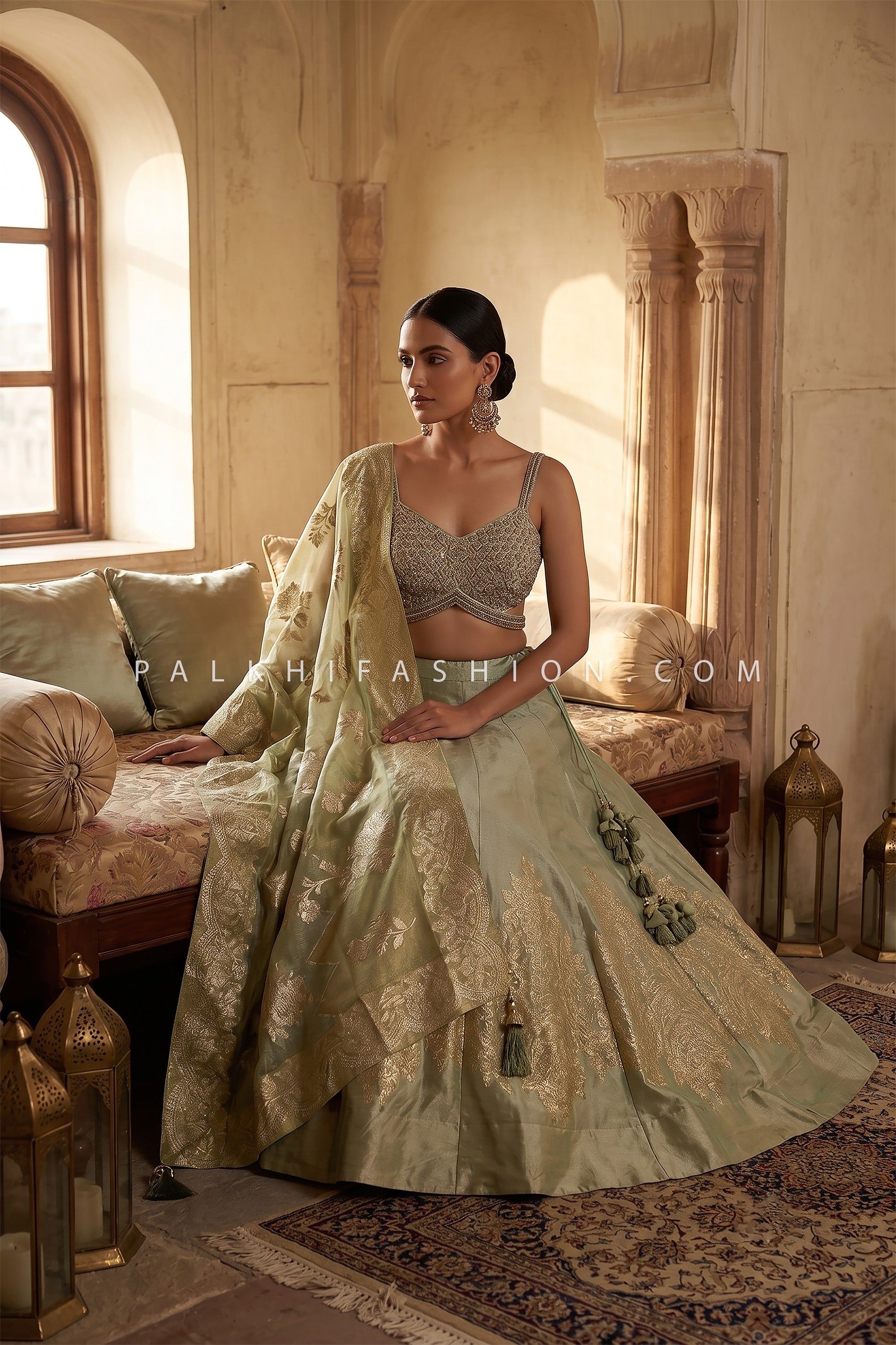 Sage Royal Elegance – Pure Silk Lehenga with Handworked Designer Blouse | Palkhi Fashion