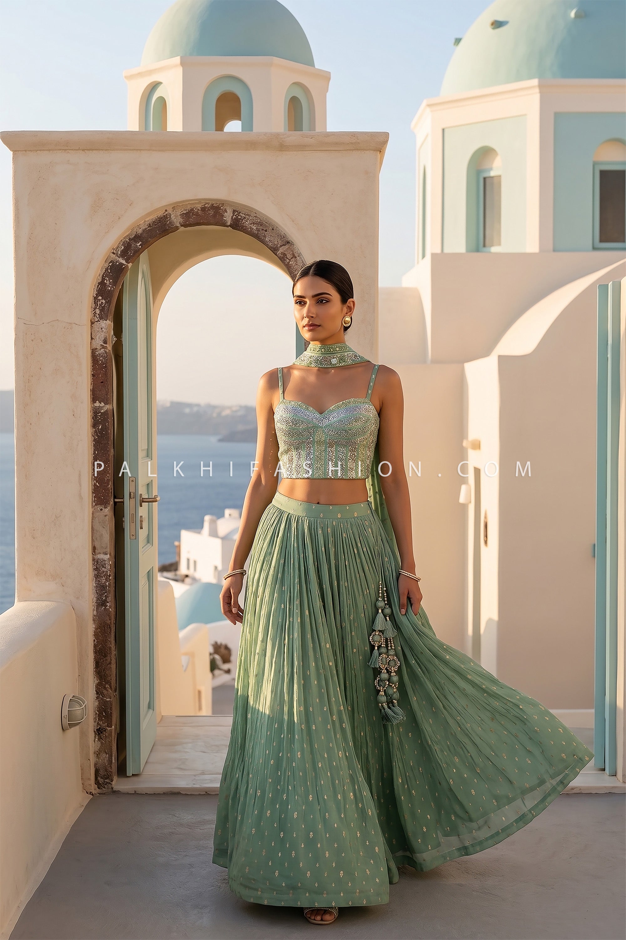 Celestial Mint Glow – Mint Green Soft Silk Lehenga with Corset Designer Blouse | Palkhi Fashion