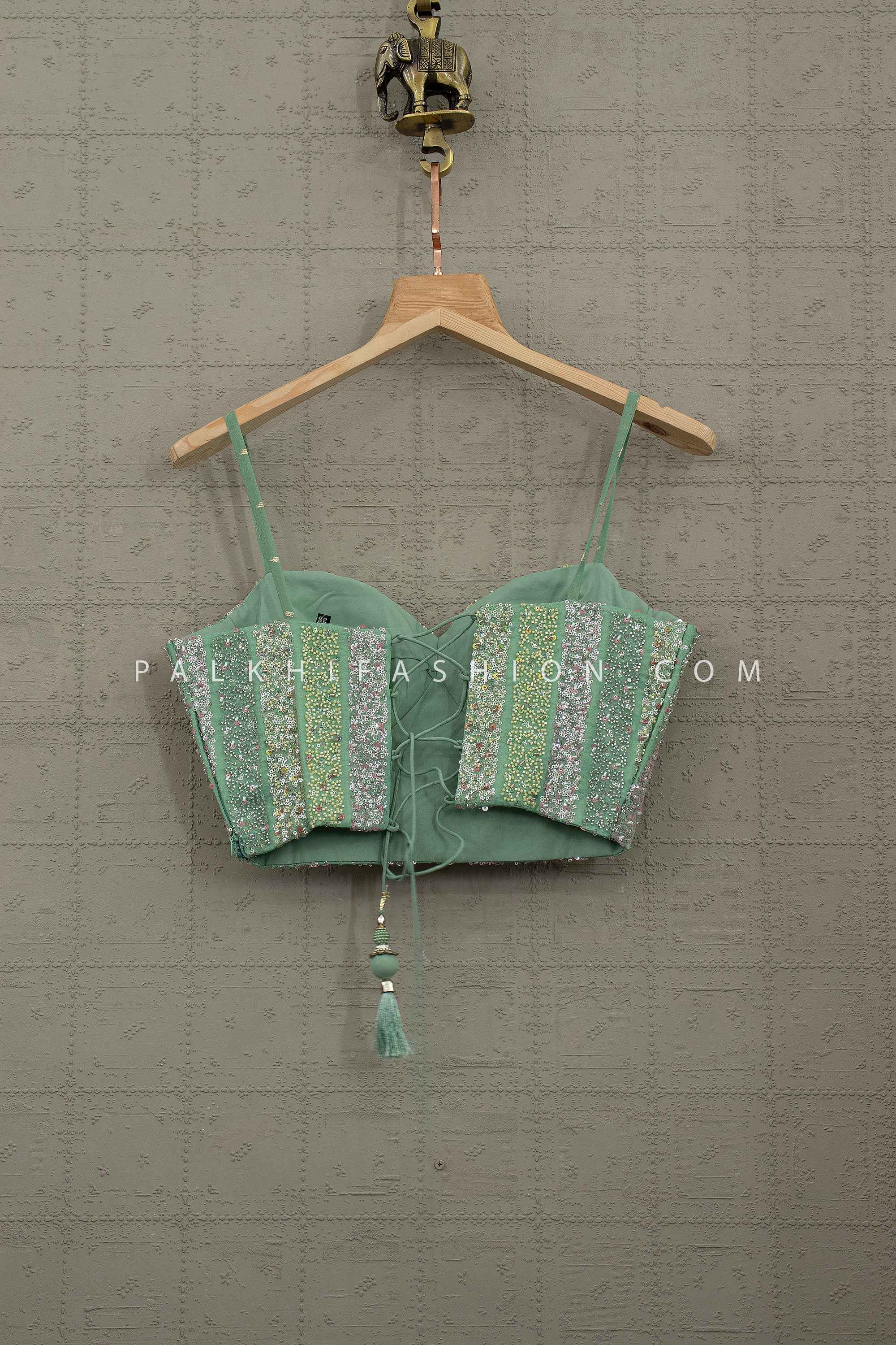 Celestial Mint Glow – Mint Green Soft Silk Lehenga with Corset Designer Blouse | Palkhi Fashion