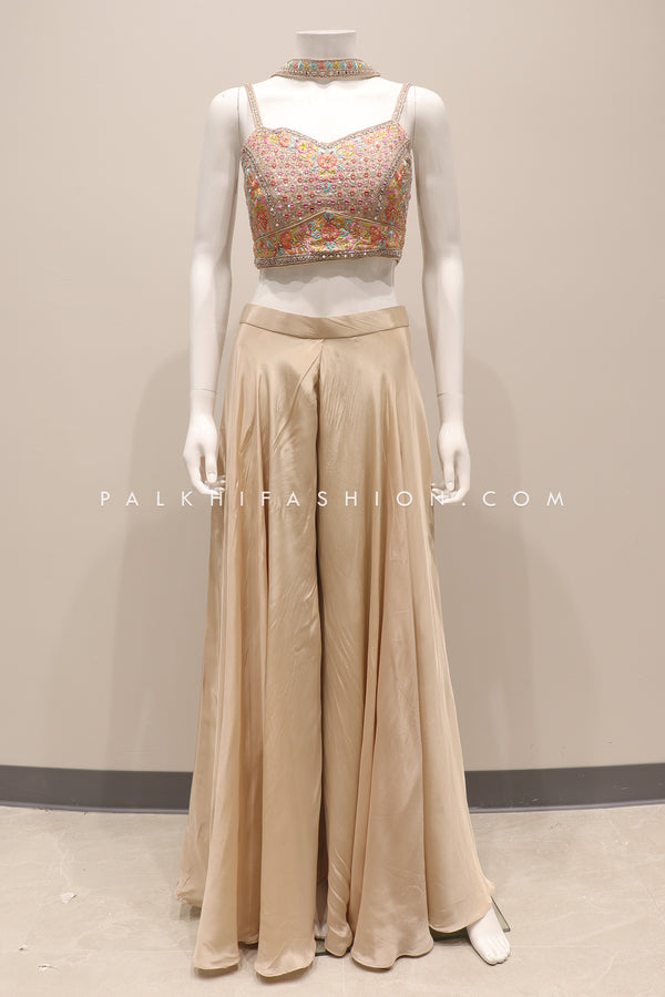 Mirror Embellished Crop Top Palazzo Ensemble with Multi-Color Embroidery