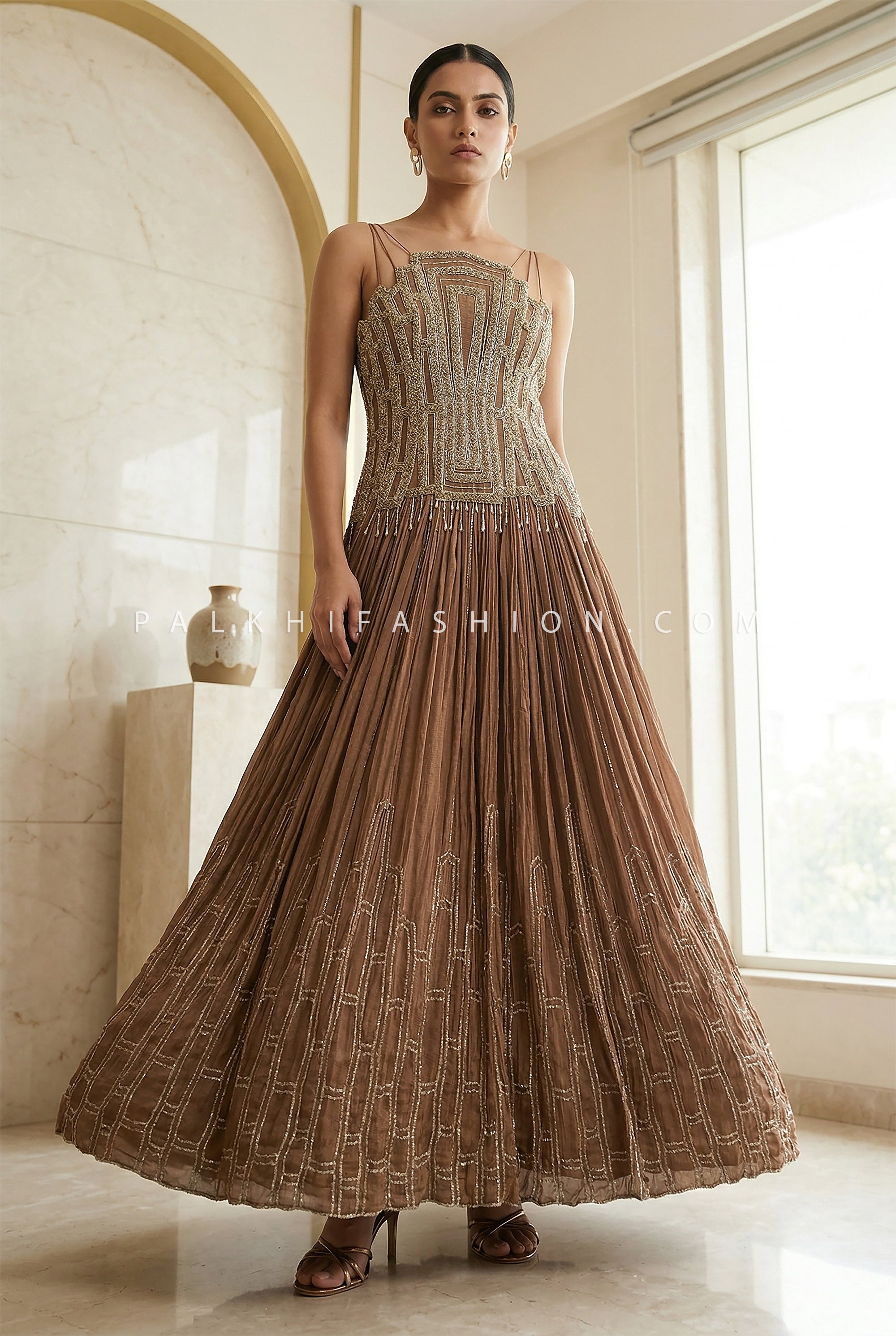 Mocha Luxe Statement – Stunning Stone Embroidered Designer Gown – Palkhi Fashion - Palkhi Fashion
