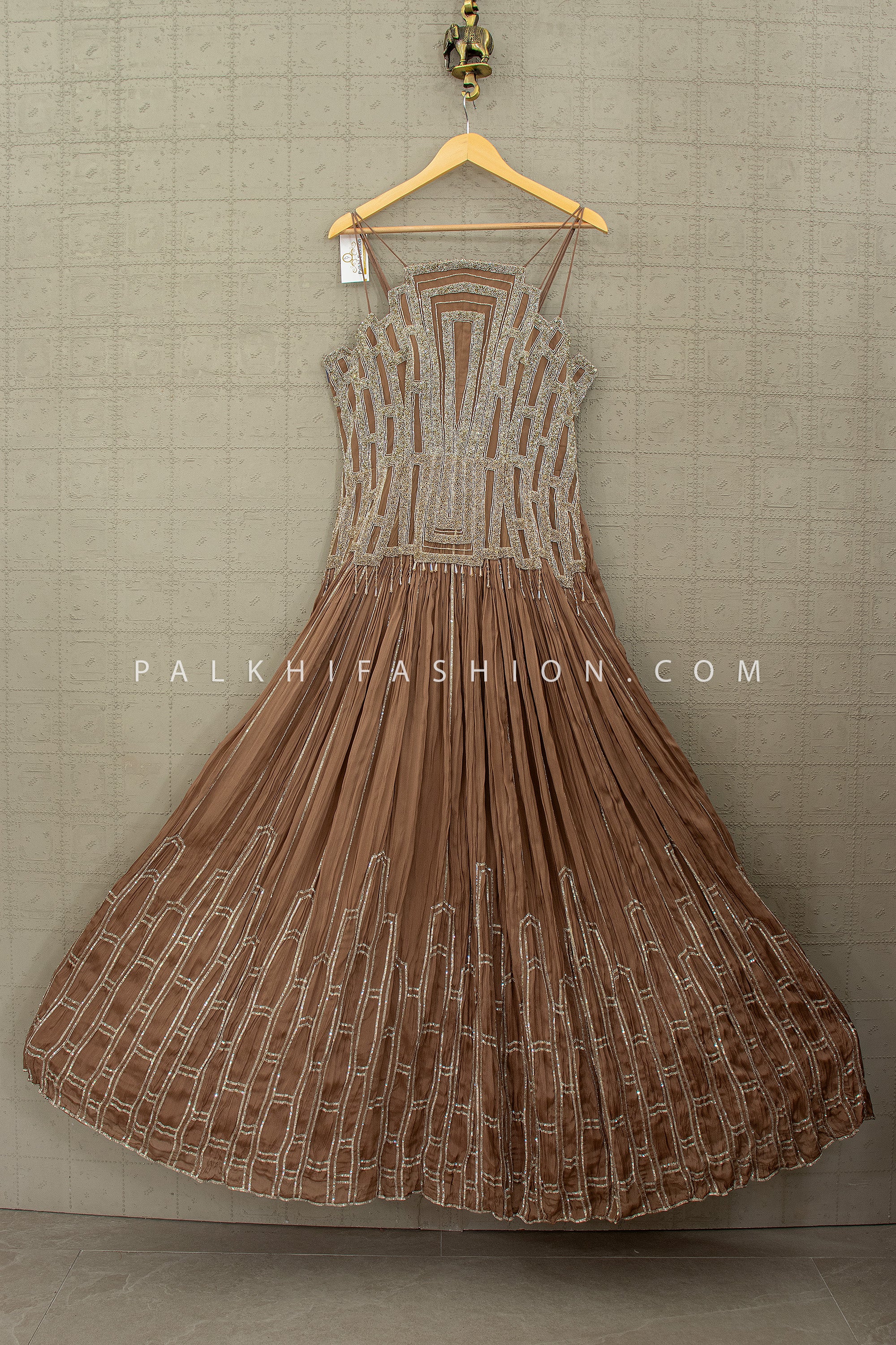 Mocha Luxe Statement – Stunning Stone Embroidered Designer Gown – Palkhi Fashion - Palkhi Fashion