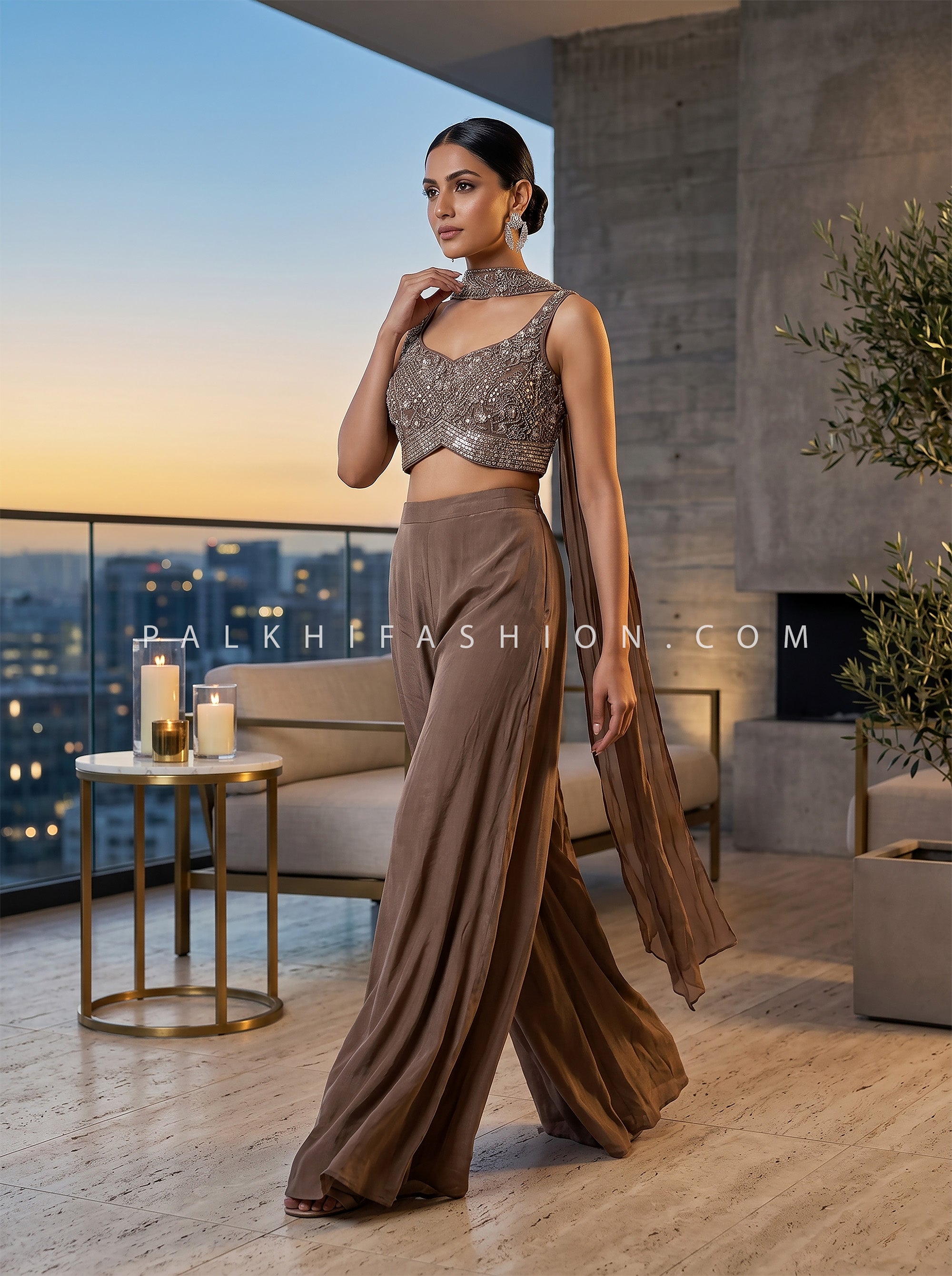 Mocha Spark – Hand Embellished Crop Top Palazzo Set | Palkhi Fashion