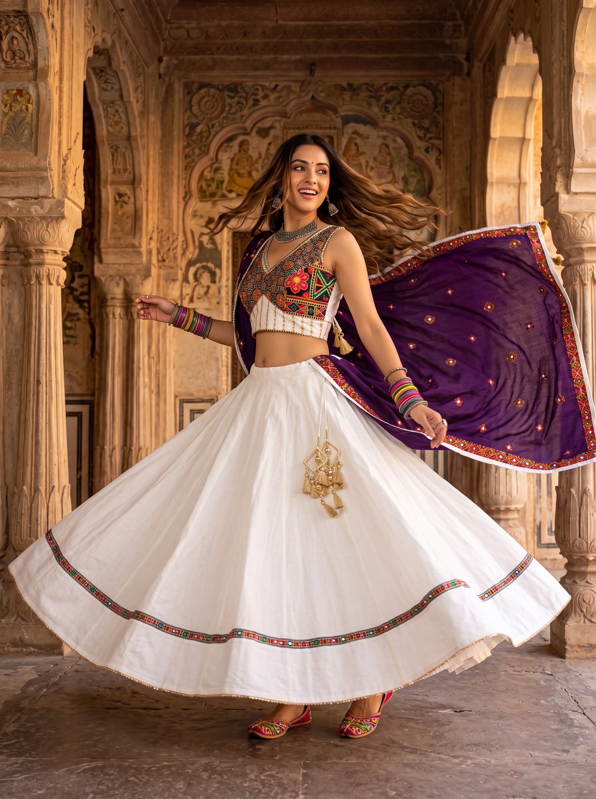 Vibrant White Cotton Chaniya Choli Kutchi Work | Palkhi Fashion