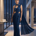 Midnight Blue Designer Pre Draped Saree Handwork | Palkhi Fashion