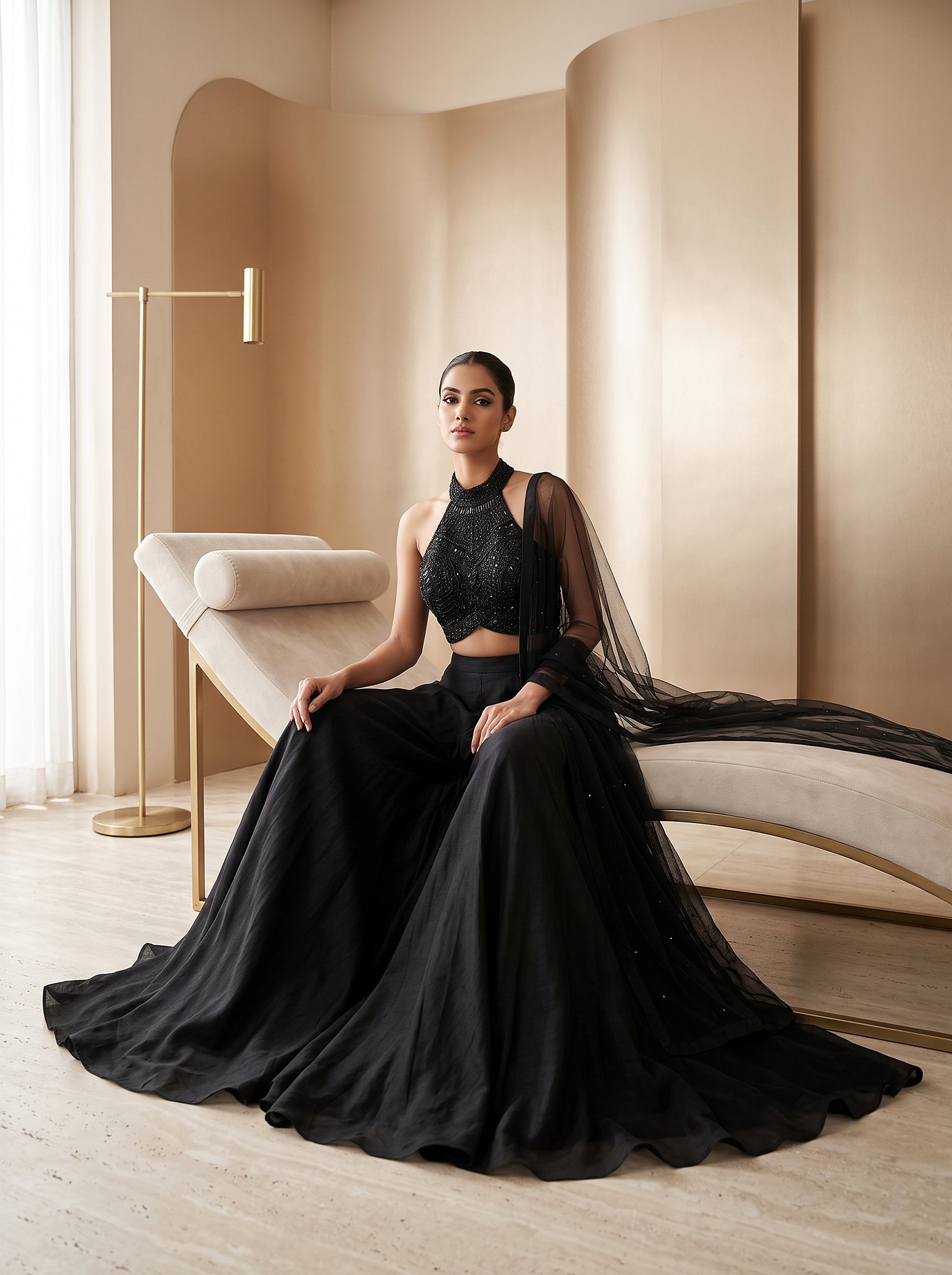 Midnight Noir | Black Beads & Handwork Halter Palazzo Set | Palkhi Fashion