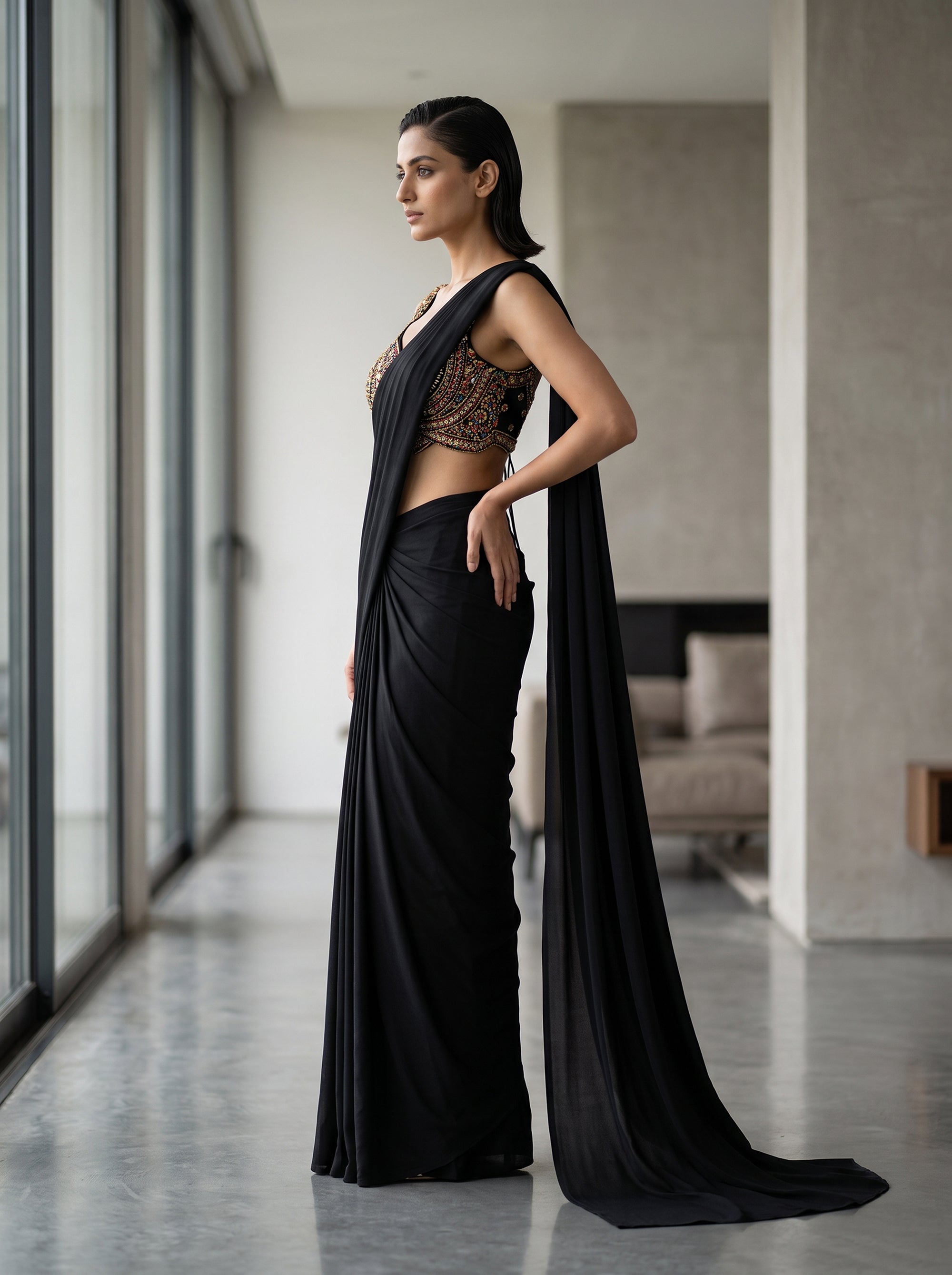 Majestic Black Georgette Pre Draped Saree Mirror Work | Palkhi Fashion