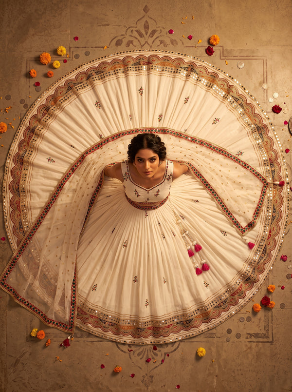 White Navratri Chaniya Choli - Mirror Work | Palkhi Fashion