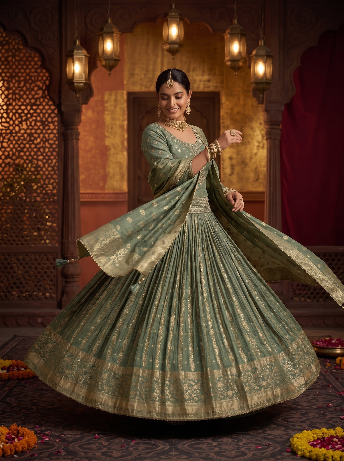 Verdant Elegance | Sage Green Banarasi Silk Lehenga Choli with Handwork | Palkhi Fashion
