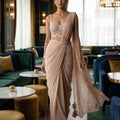 Champagne Pleated Saree with Beadwork Blouse | Palkhi Fashion
