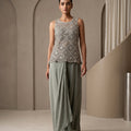 Joyful Flare | Sage Green Crepe Silk Indowestern with Mirror Work | Palkhi Fashion
