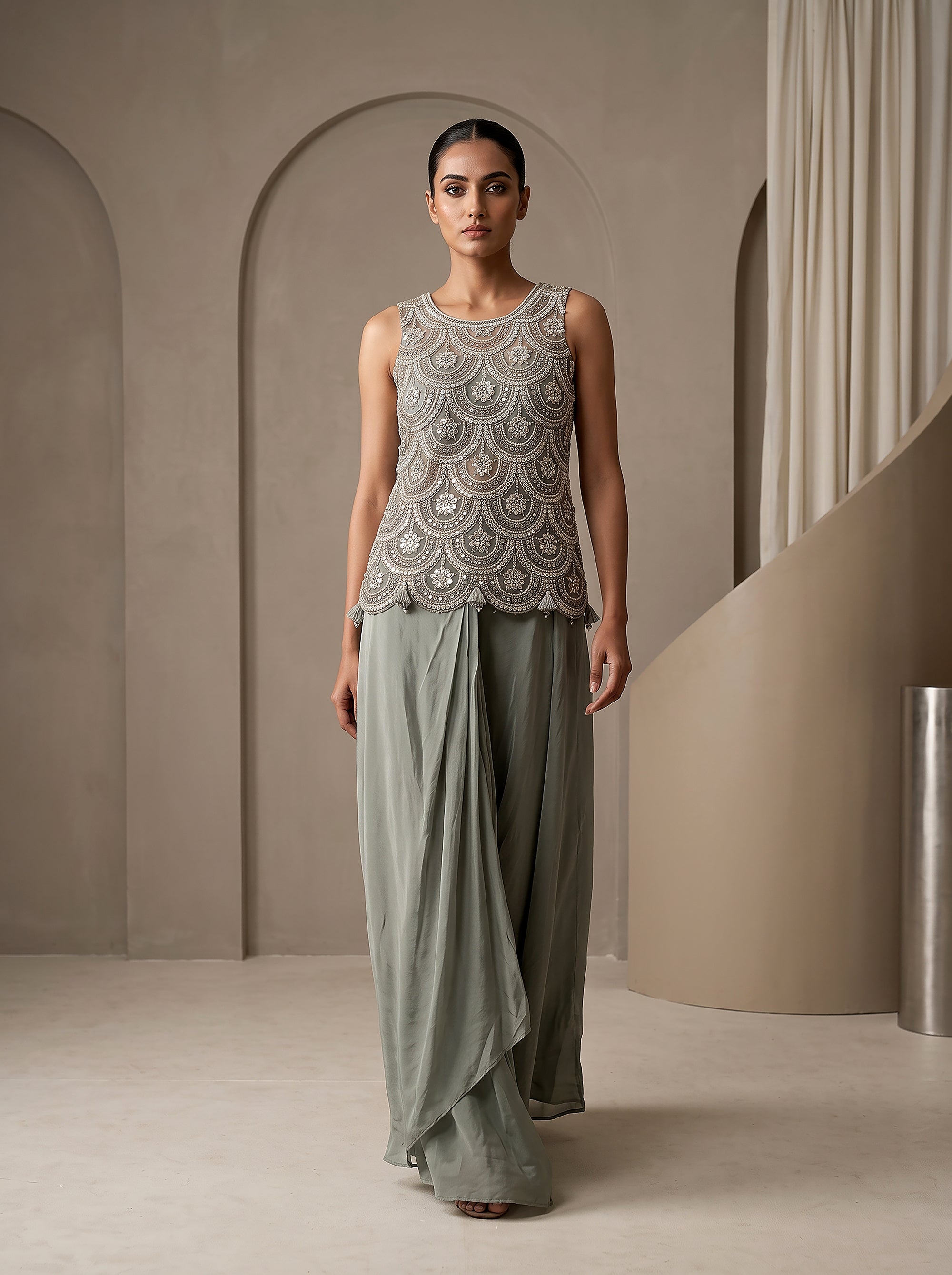Joyful Flare | Sage Green Crepe Silk Indowestern with Mirror Work | Palkhi Fashion