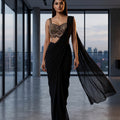 Majestic Black Georgette Pre Draped Saree Mirror Work | Palkhi Fashion