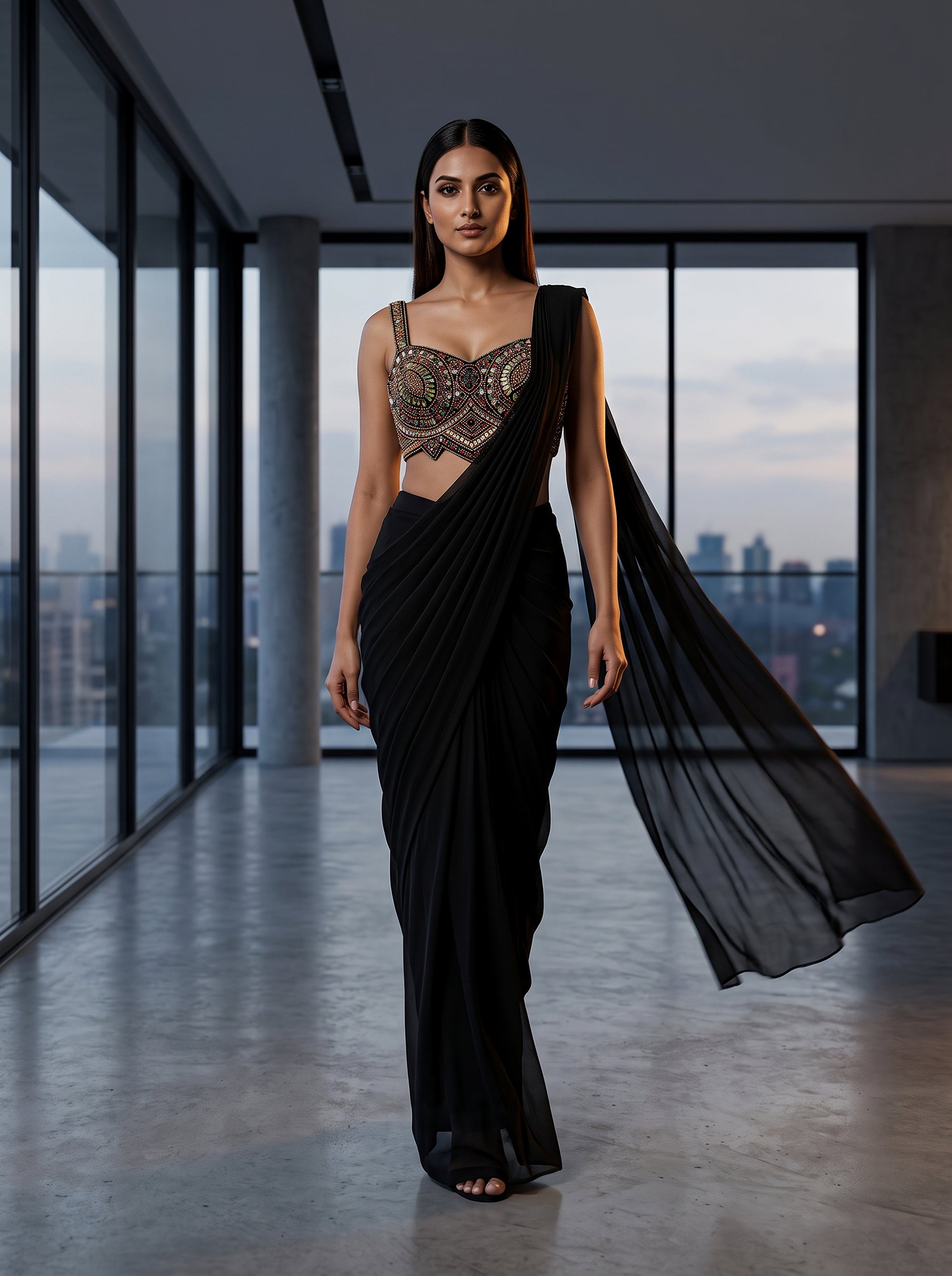 Majestic Black Georgette Pre Draped Saree Mirror Work | Palkhi Fashion
