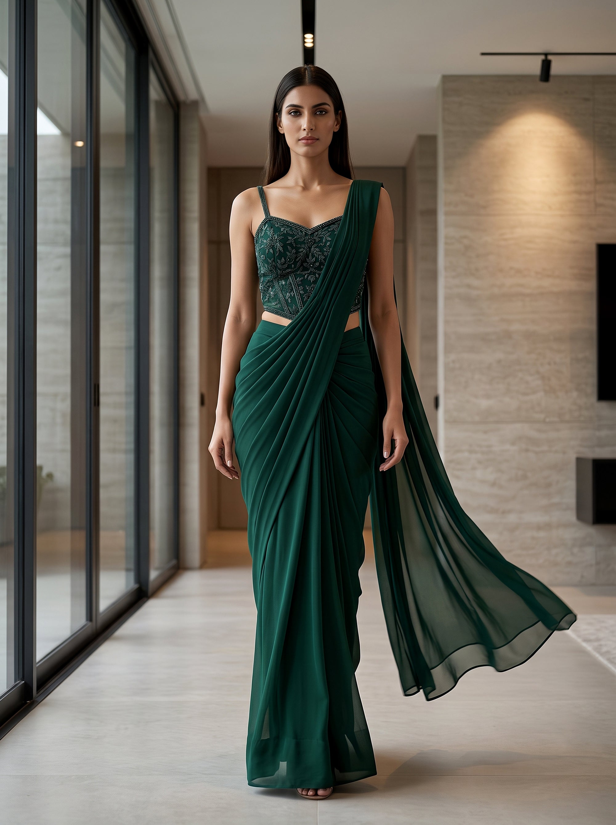 Emerald Green Georgette Pre Draped Saree Corset | Palkhi Fashion
