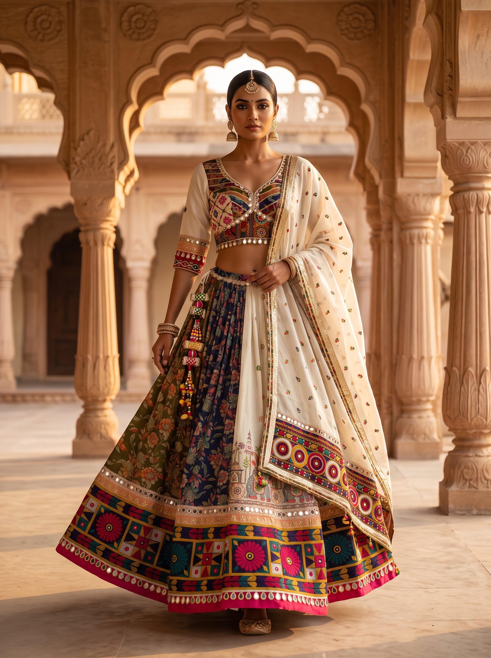 Paneled Multicolor Cotton Chaniya Choli Mirror Work | Palkhi Fashion