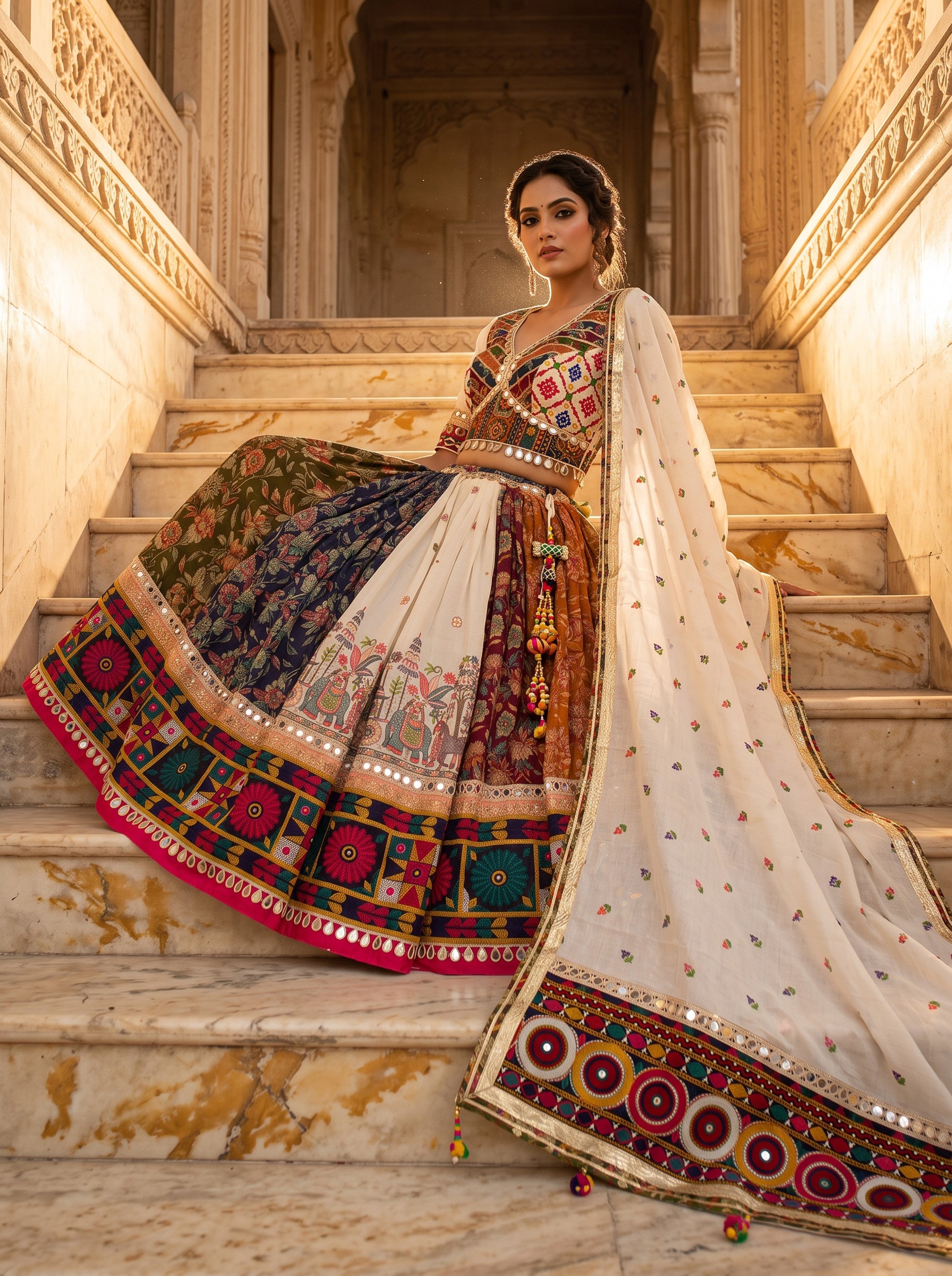 Paneled Multicolor Cotton Chaniya Choli Mirror Work | Palkhi Fashion