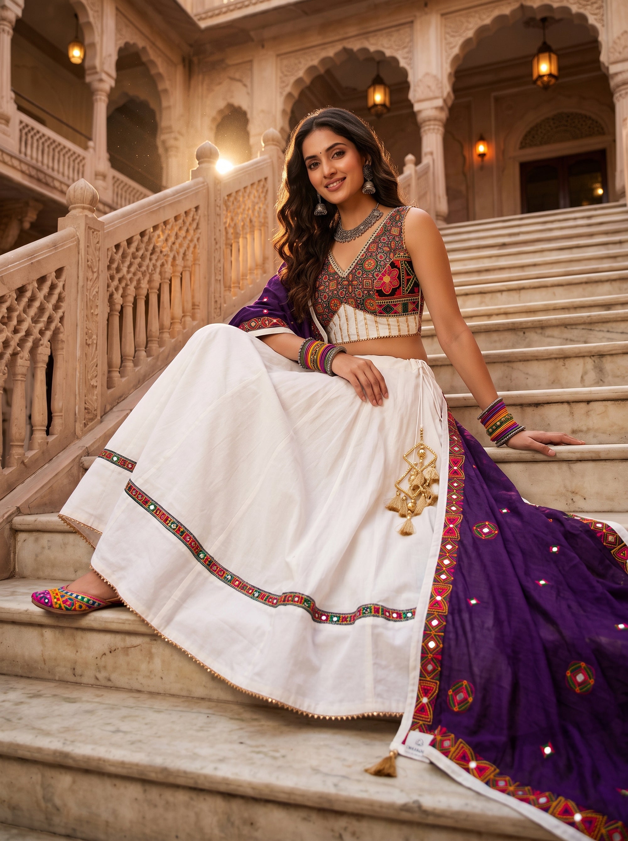 Vibrant White Cotton Chaniya Choli Kutchi Work | Palkhi Fashion