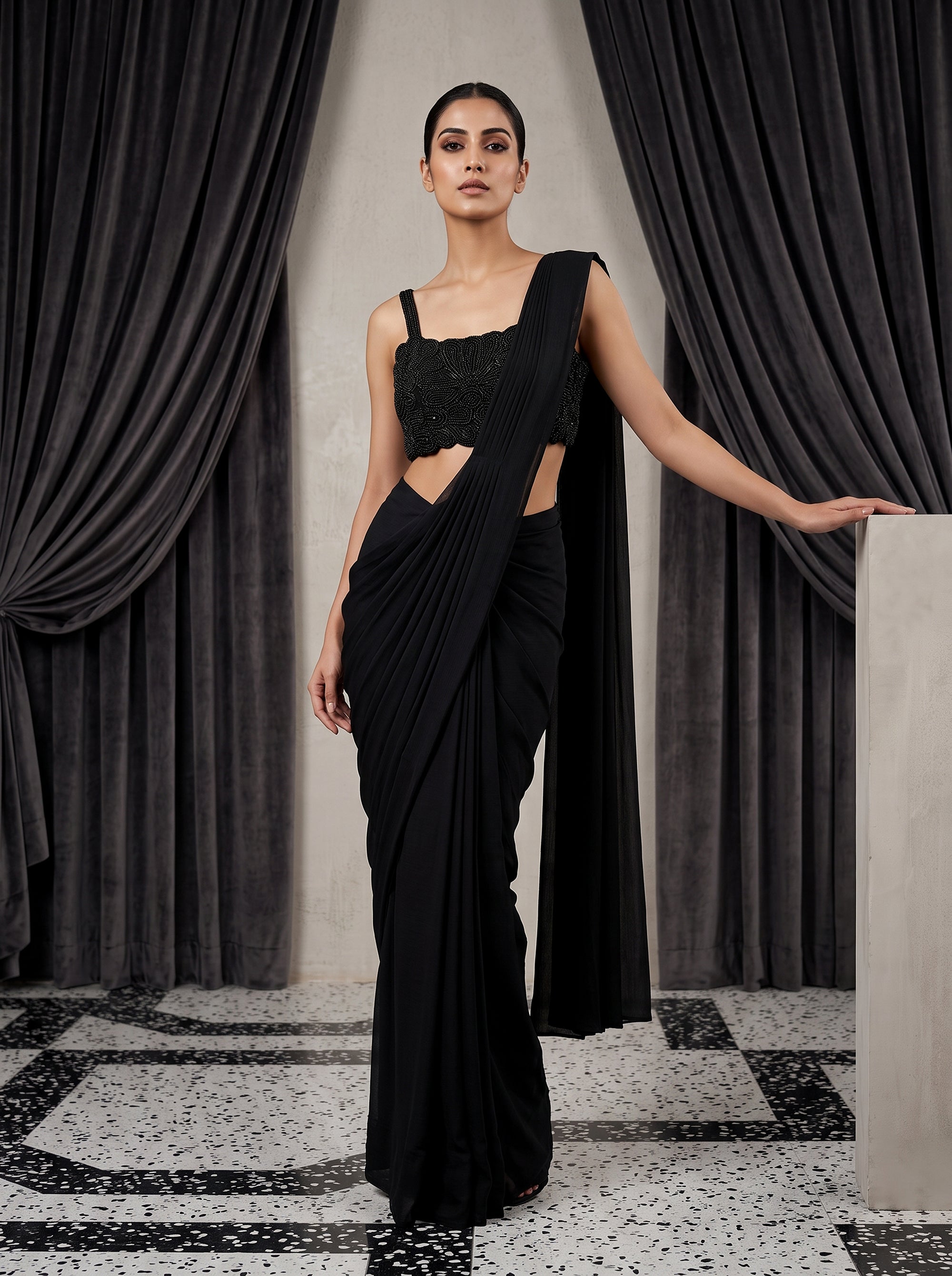 Midnight Glamour | Black Beaded Pre Draped Saree | Palkhi Fashion