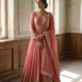 Luxurious Coral Pink Silk Anarkali Dress Embroidered Dupatta  | Palkhi Fashion