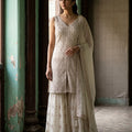 Ivory Elegance | Off-White Embroidered Front-Slit Kurta Palazzo Suit | Palkhi Fashion