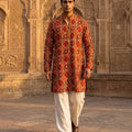 Heritage Crimson | Designer Red Printed Silk Men's Kurta with Zari & Cutdana | Palkhi Fashion