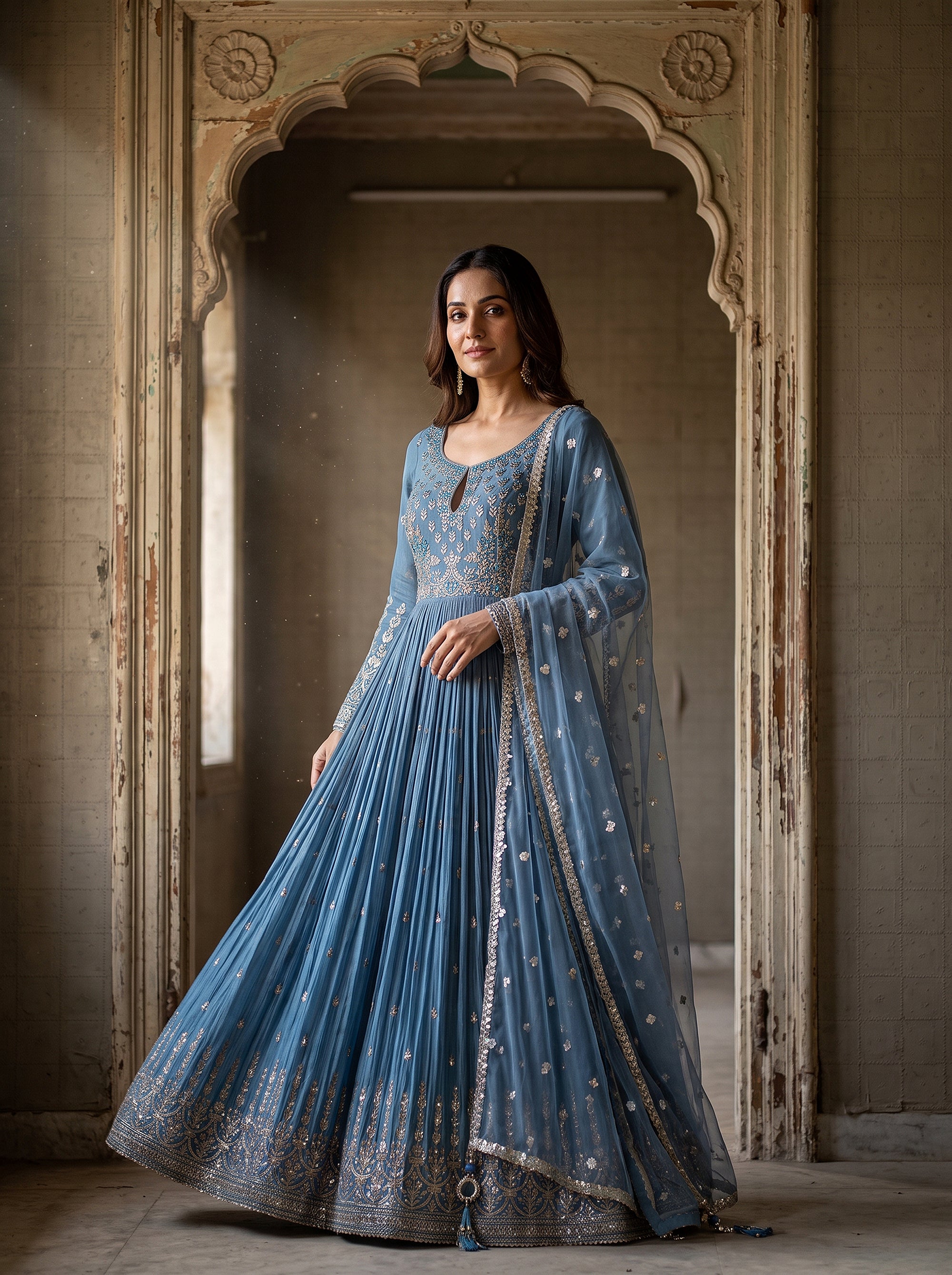 Serene Aura | Pastel Blue Silk Anarkali Mirror Work | Palkhi Fashion