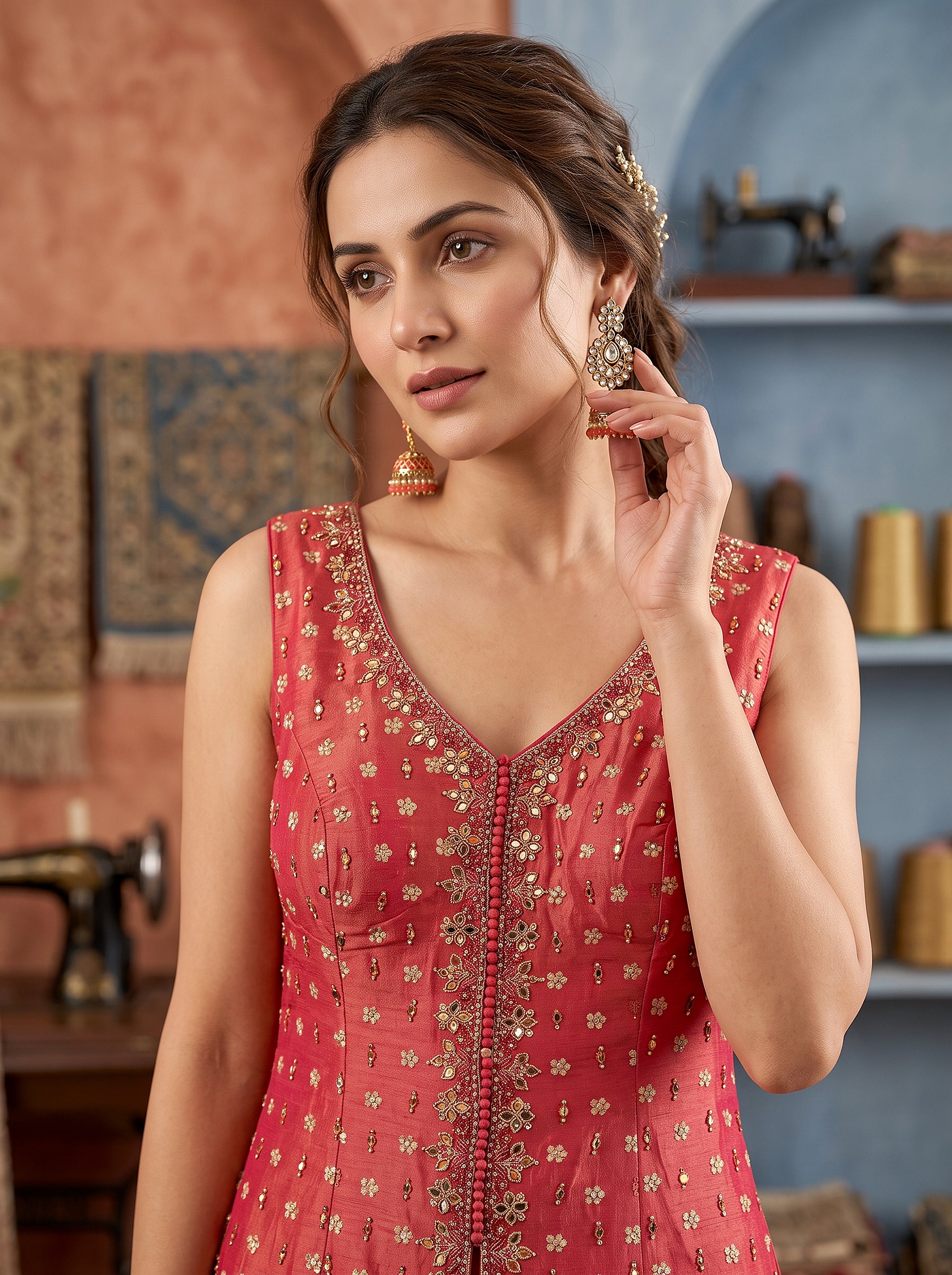 Royal Heritage | Coral Silk Peplum Palazzo Mirror Work | Palkhi Fashion