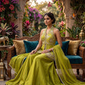 Mehendi Magic | Lime Green Halter Peplum Palazzo Suit Floral | Palkhi Fashion