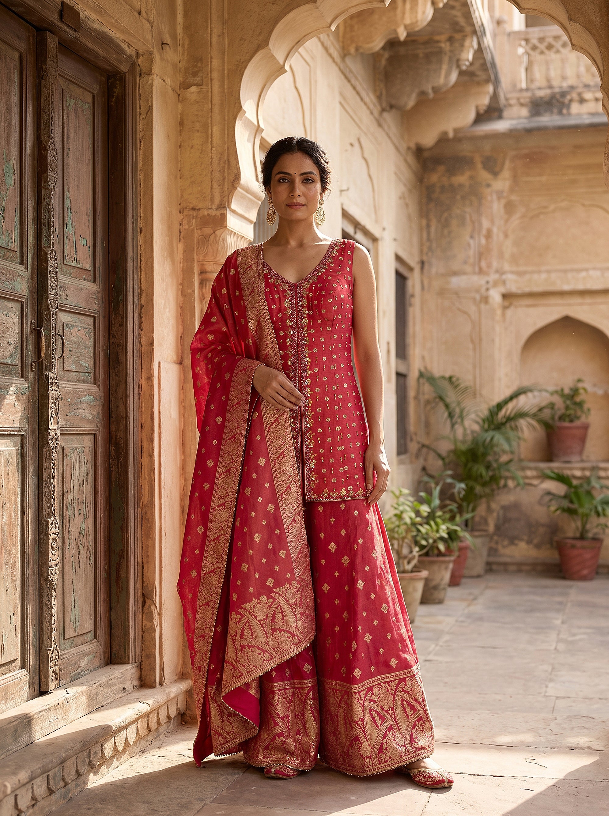 Royal Heritage | Coral Silk Peplum Palazzo Mirror Work | Palkhi Fashion