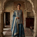 Azure Glow | Dusty Blue Silk Peplum Palazzo Suit Mirror Work | Palkhi Fashion