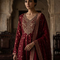 Majestic Maroon | Silk Front-Slit Palazzo Suit Zari Work | Palkhi Fashion