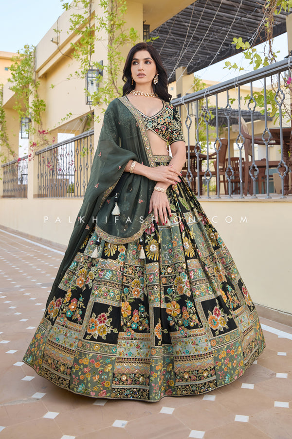 Modern Diva: Designer Black Lehenga Choli with Multi-Color Hand-Paint