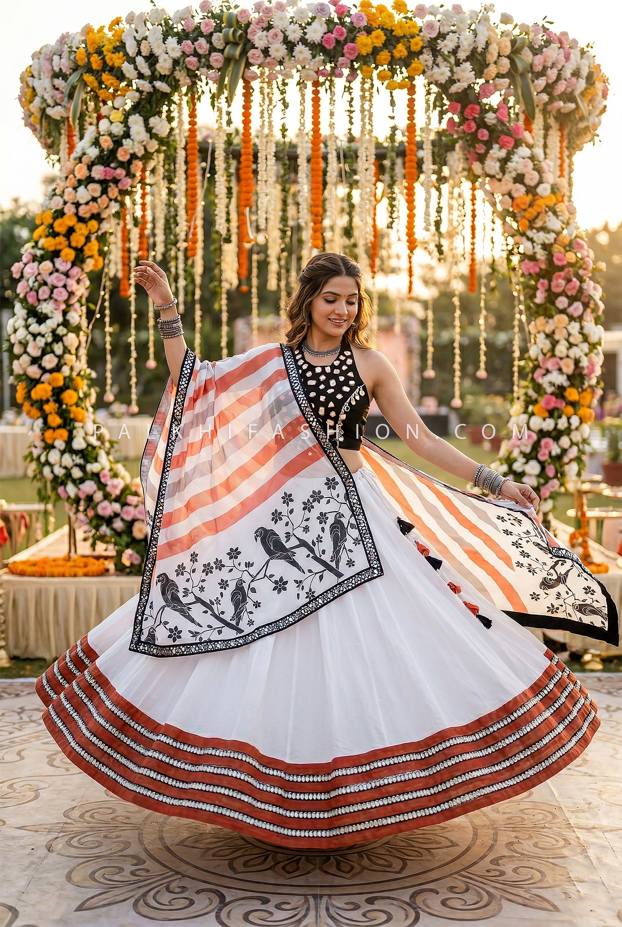 Modern Folk Fusion – Designer Chaniya Choli Mirror Work Blouse & Artisan Dupatta – Palkhi Fashion