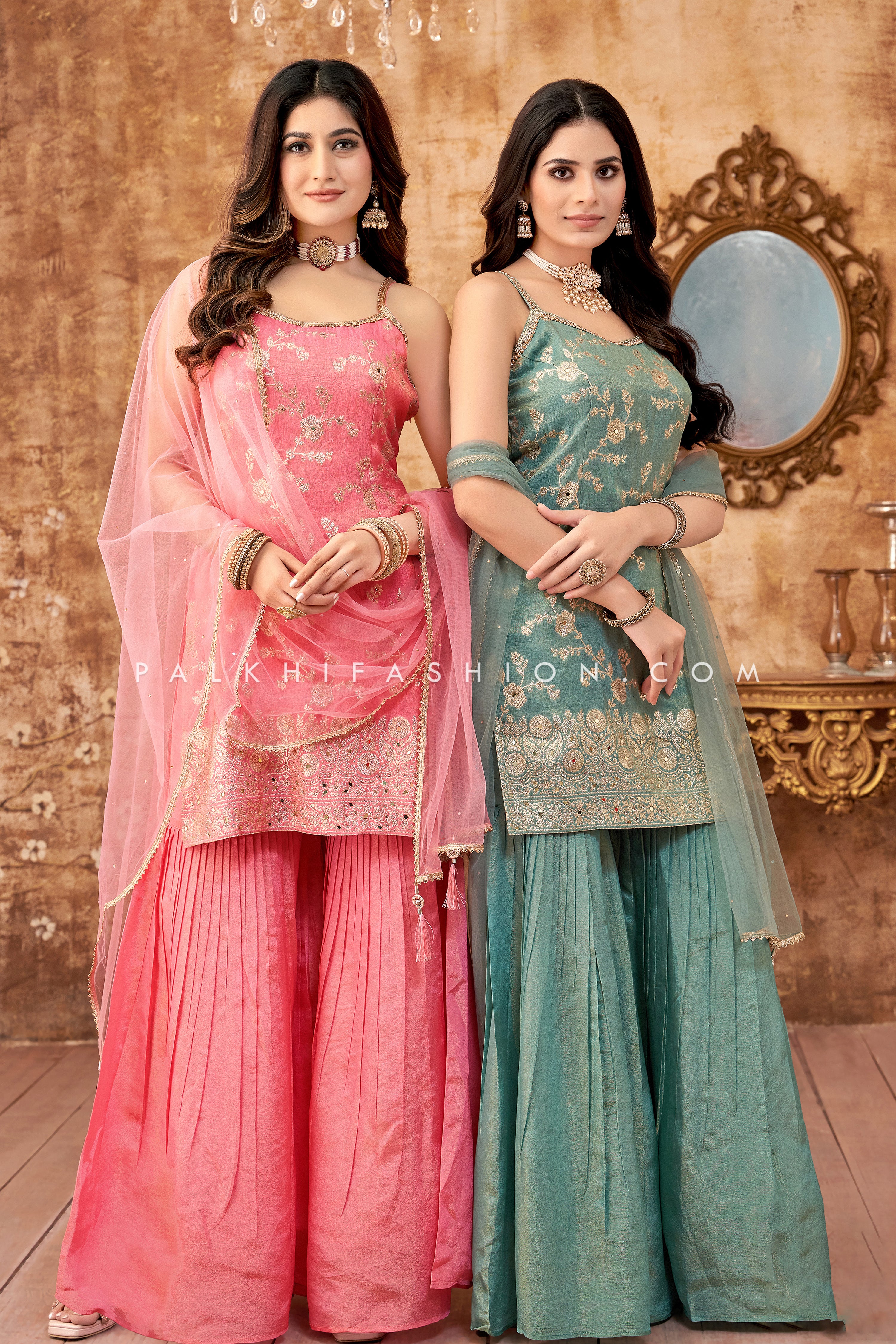 Modern Majesty: Sage Green Soft Silk Spaghetti Strap Palazzo Outfit