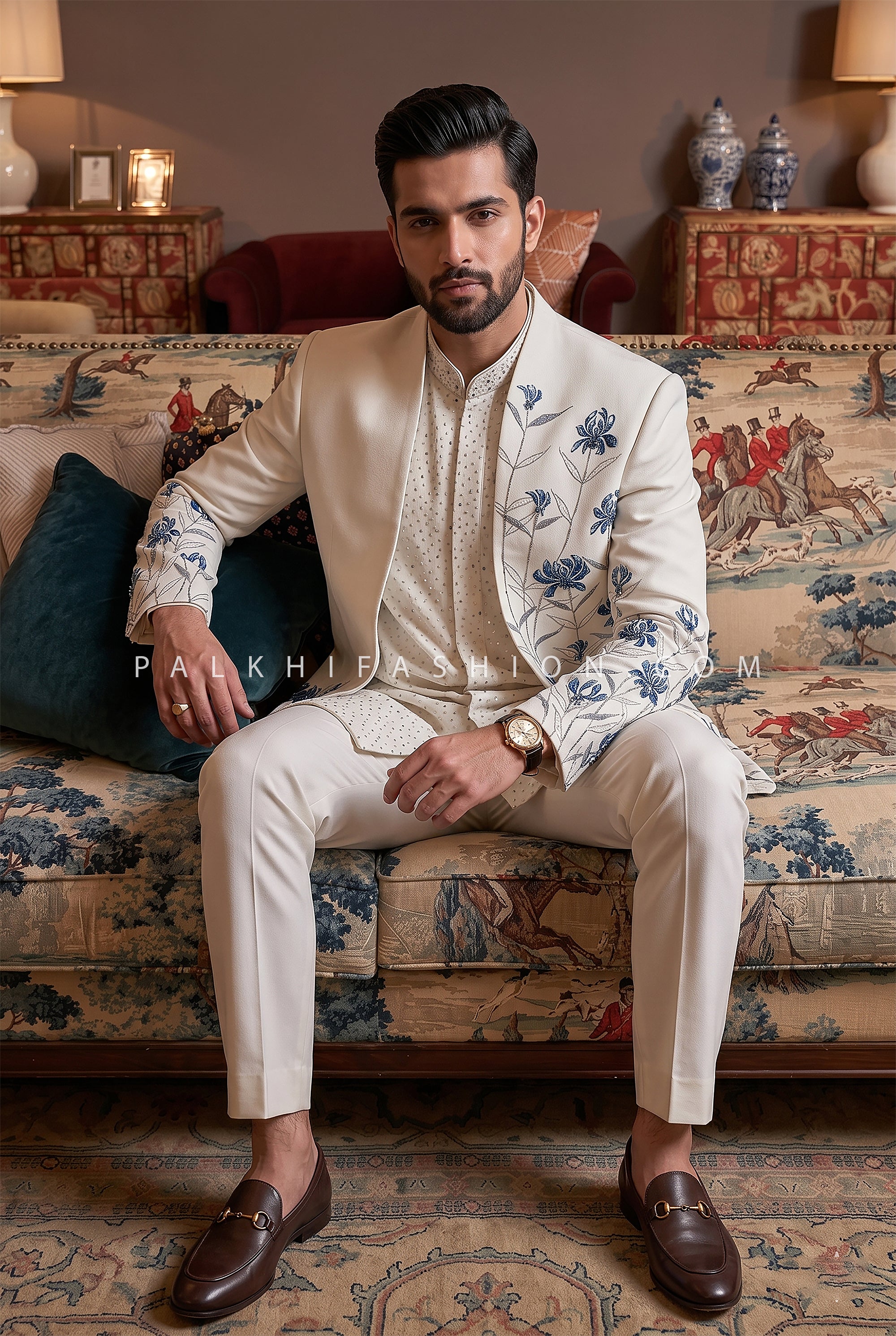 Modern Regal Grace - Ivory Designer Handwork Indo Western Set for Men | Palkhi Fashion