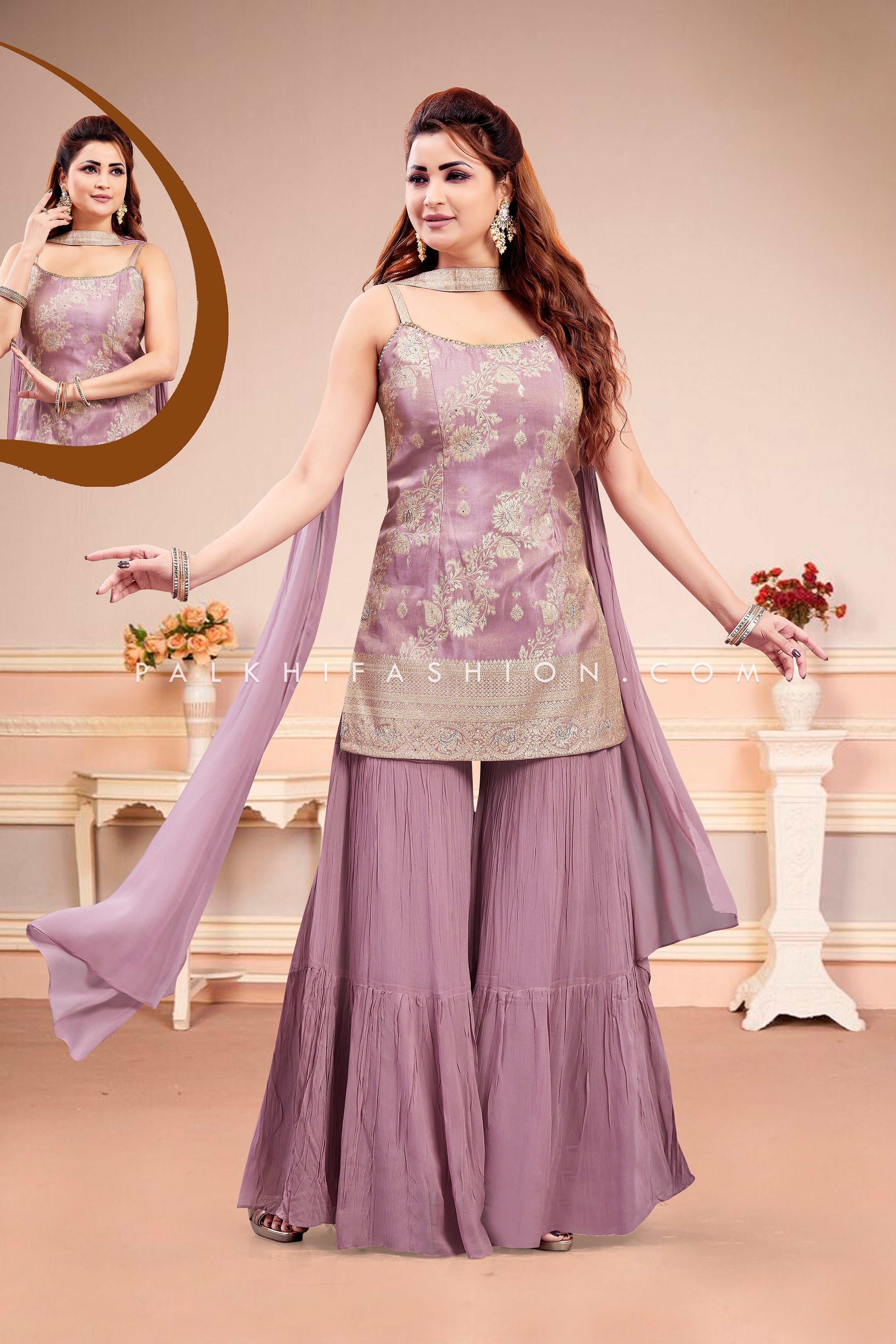 Modern Majesty:  Mauve Soft Silk Spaghetti Strap Palazzo Outfit